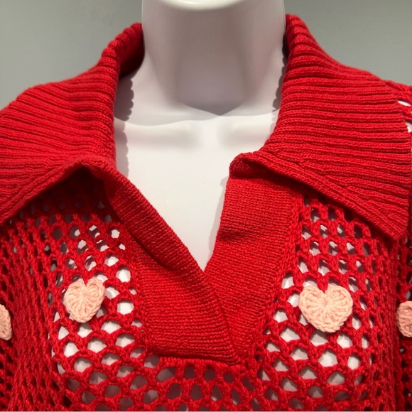 Farm Rio Red and Pink Handmade Hearts Knit Sweater Medium New with Tag - Picture 8 of 16